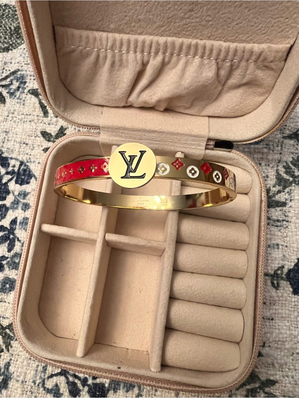 Gold tone and Red Monogram Bangle Bracelet